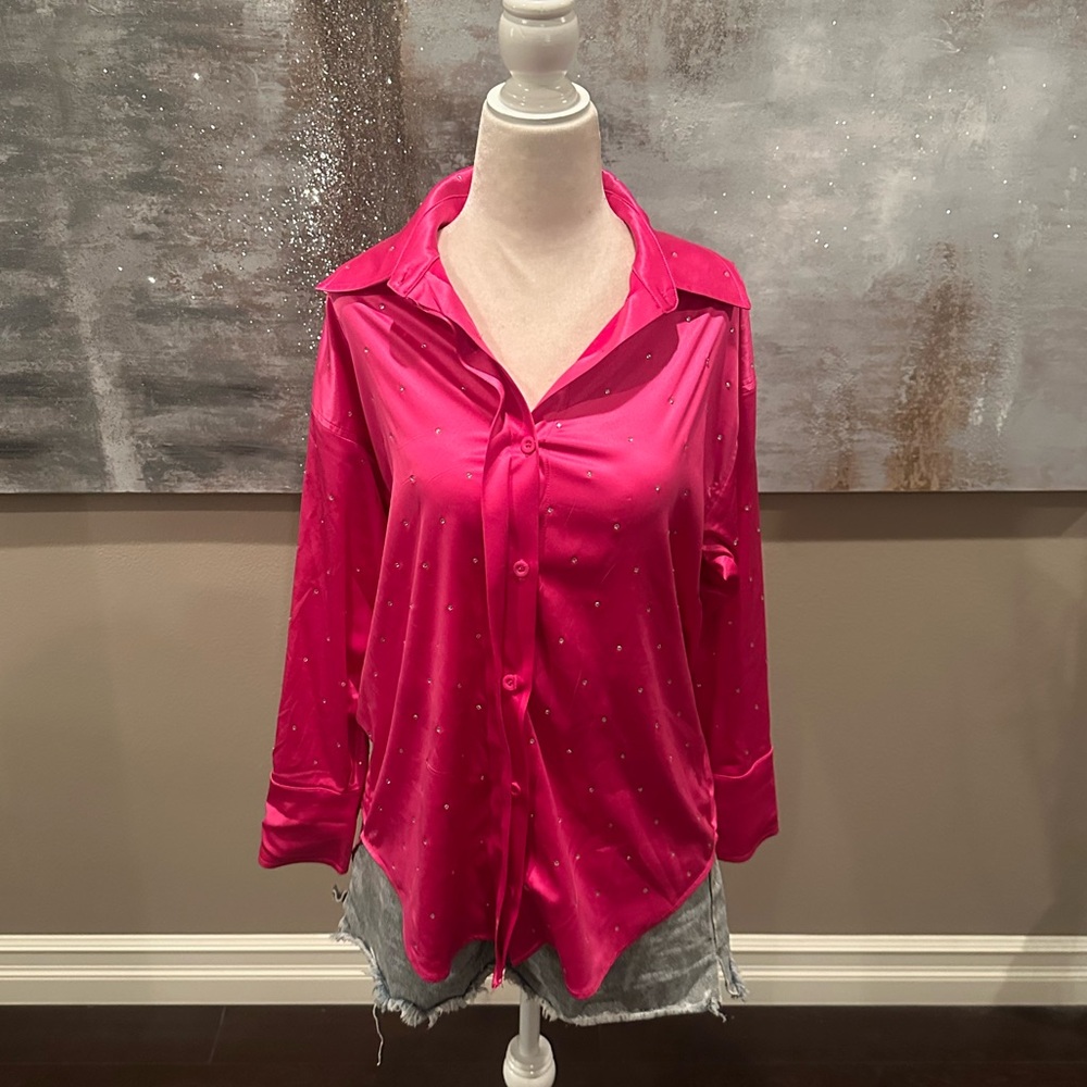 Women's Blue B Embellished Button-Front Top